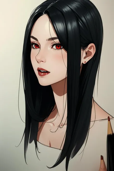 35 years old woman. black  hair. red-eyes. dark-skin