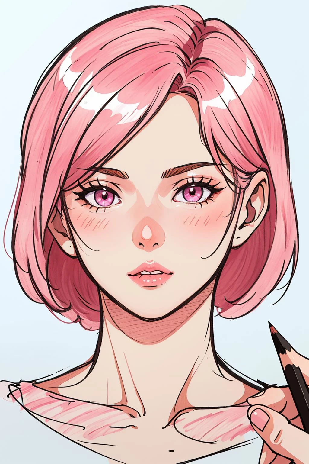 (mature woman:1.3), adult, solo, (drawing woman:1.1), (pale skin:0.9), pink short hair, pink eyes, (candy:0.9), (masterpiece), (high quality), (best quality), (detailed), hd, perfect lighting, detailed face, detailed body, <lora:chommang:1>, chommang, (pencil drawing:1.3), illustration,