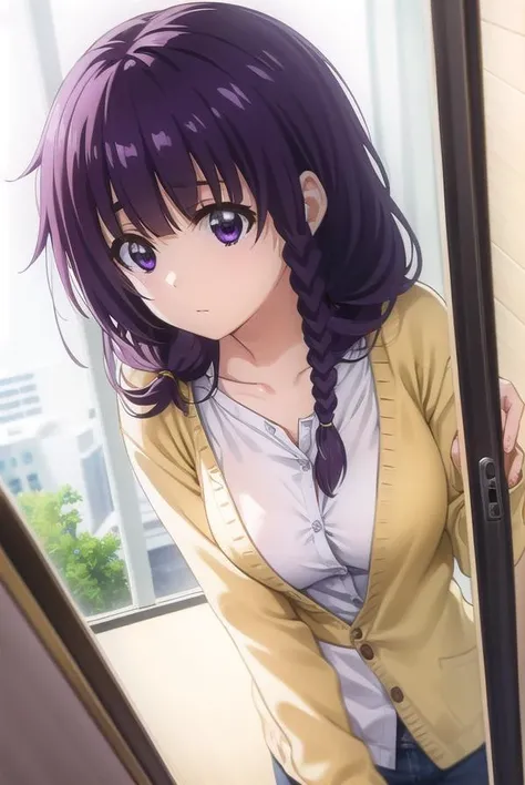 mayumatsukaze, <lora:mayu matsukaze s1-lora-nochekaiser:1>,
mayu matsukaze, long hair, bangs, purple hair, (purple eyes:1.1), braid, single braid, hair over shoulder,
BREAK shirt, pink shirt, collarbone, cleavage, cardigan, yellow cardigan,
BREAK indoors, classroom,
BREAK looking at viewer, (cowboy shot:1.5),
BREAK <lyco:GoodHands-beta2:1>, (masterpiece:1.2), best quality, high resolution, unity 8k wallpaper, (illustration:0.8), (beautiful detailed eyes:1.6), extremely detailed face, perfect lighting, extremely detailed CG, (perfect hands, perfect anatomy),