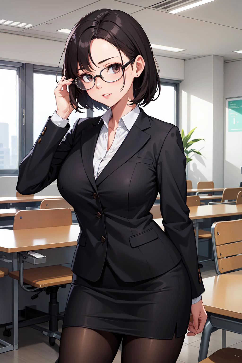 masterpiece, best quality, highres, 1girl, solo, mature female, large breasts, pencil skirt, office lady, skirt suit, skirt, black skirt, miniskirt, pantyhose, glasses, adjusting glasses, indoors, cowboy shot