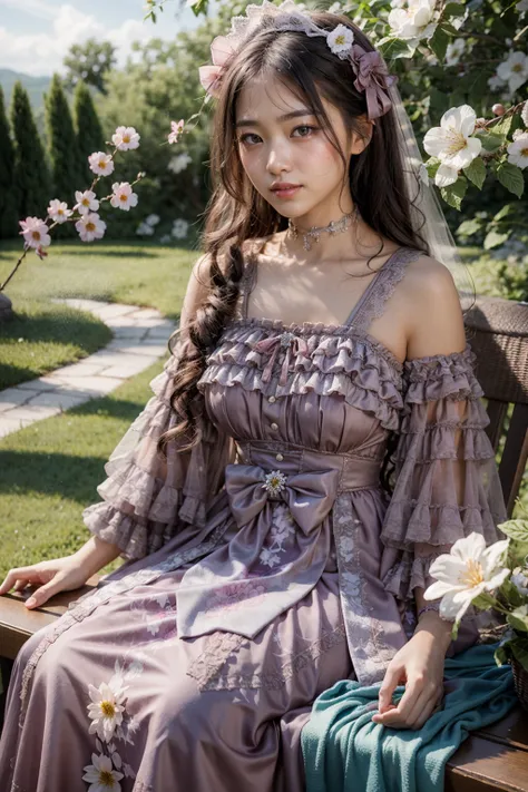 (realistic:1.3), finely detailed, quality, rembrandt lighting, (masterpiece:1.2), (photorealistic:1.2), (best quality), (detailed skin:1.3), (intricate details), dramatic, ray tracing, 1girl, japanese girl, 21 years old, detailed skin texture, (blush:0.5), (goosebumps:0.5), subsurface scattering, smiling, medium breasts, long hair curls, bangs, hair between eyes, headdress, choker, ribbon, bow, pink dress, long dress, lace, frills, detached sleeves, long sleeves, jhsy \(manaka nemu\), cowboy shot, sitting, (arms at side:1.2), (bright sunny day, outdoors, trees with white flowers, nature, sky), <lora:Dress No.9 V3 jhsy:0.6>