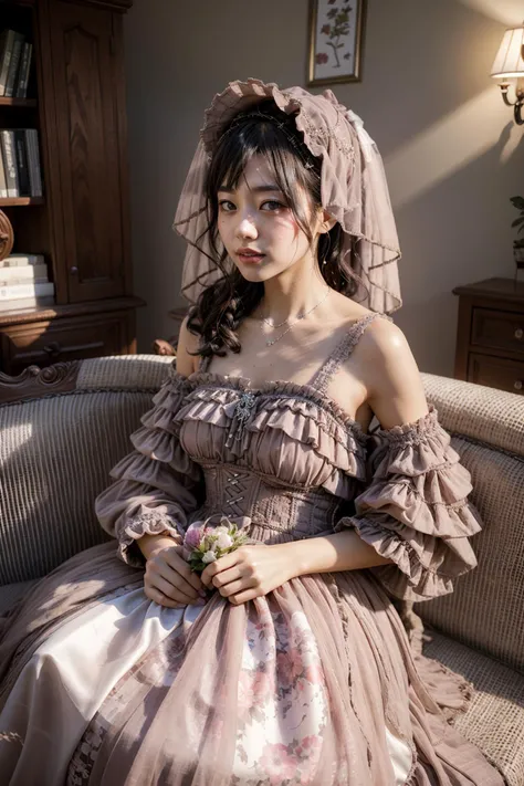(realistic:1.3), finely detailed, quality, rembrandt lighting, (masterpiece:1.2), (photorealistic:1.2), (best quality), (detailed skin:1.3), (intricate details), dramatic, ray tracing, 1girl, japanese girl, 21 years old, detailed skin texture, (blush:0.5), (goosebumps:0.5), subsurface scattering, smiling, medium breasts, long hair curls, bangs, hair between eyes, hair ornament, veil, dress, long dress, detached sleeves, long sleeves, lace, frills, jhsy, jhsy \(manaka nemu\), (arms at side:1.2), cowboy shot, (bright sunny day, indoors, living room, sofa), <lora:Dress No.9 V2.5 jhsy:0.8>
