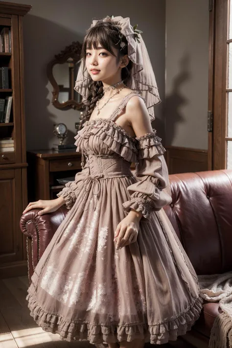 (realistic:1.3), finely detailed, quality, rembrandt lighting, (masterpiece:1.2), (photorealistic:1.2), (best quality), (detailed skin:1.3), (intricate details), dramatic, ray tracing, 1girl, japanese girl, 21 years old, detailed skin texture, (blush:0.5), (goosebumps:0.5), subsurface scattering, smiling, medium breasts, long hair curls, bangs, hair between eyes, hair ornament, veil, dress, long dress, detached sleeves, long sleeves, lace, frills, jhsy, jhsy \(manaka nemu\), (arms at side:1.2), cowboy shot, (bright sunny day, indoors, living room, sofa), <lora:Dress No.9 V2.5 jhsy:0.8>