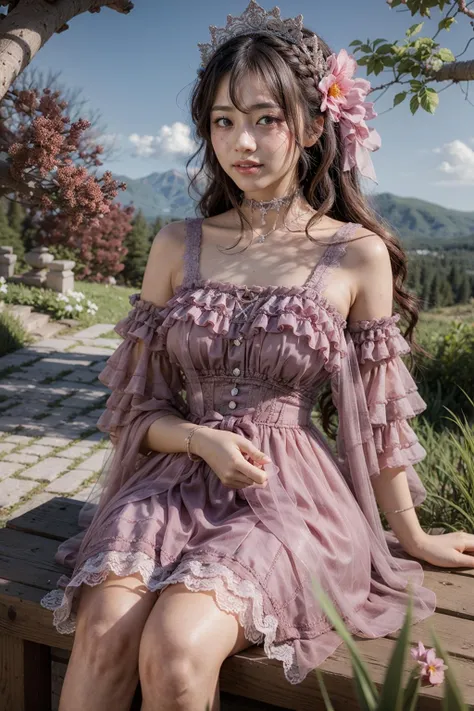 (realistic:1.3), finely detailed, quality, rembrandt lighting, (masterpiece:1.2), (photorealistic:1.2), (best quality), (detailed skin:1.3), (intricate details), dramatic, ray tracing, 1girl, japanese girl, 21 years old, detailed skin texture, (blush:0.5), (goosebumps:0.5), subsurface scattering, smiling, medium breasts, long hair curls, bangs, hair between eyes, headdress, choker, ribbon, bow, pink dress, long dress, lace, frills, detached sleeves, long sleeves, jhsy \(manaka nemu\), cowboy shot, sitting, (arms at side:1.2), (bright sunny day, outdoors, trees with white flowers, nature, sky), <lora:Dress No.9 V3 jhsy:0.6>
