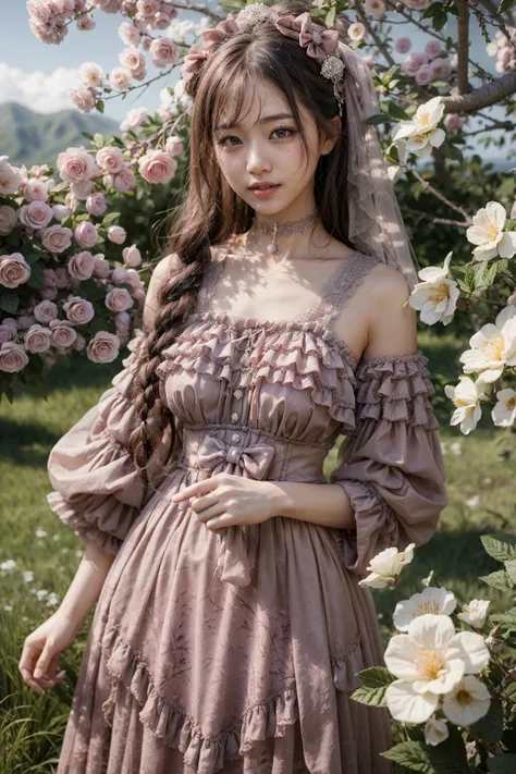 (realistic:1.3), finely detailed, quality, rembrandt lighting, (masterpiece:1.2), (photorealistic:1.2), (best quality), (detailed skin:1.3), (intricate details), dramatic, ray tracing, 1girl, japanese girl, 21 years old, detailed skin texture, (blush:0.5), (goosebumps:0.5), subsurface scattering, smiling, medium breasts, long hair curls, bangs, hair between eyes, headdress, choker, ribbon, bow, pink dress, long dress, lace, frills, detached sleeves, long sleeves, jhsy \(manaka nemu\), cowboy shot, (arms at side:1.2), (bright sunny day, outdoors, trees with white flowers, nature, sky),  <lora:Dress No.9 V3 jhsy:0.6>