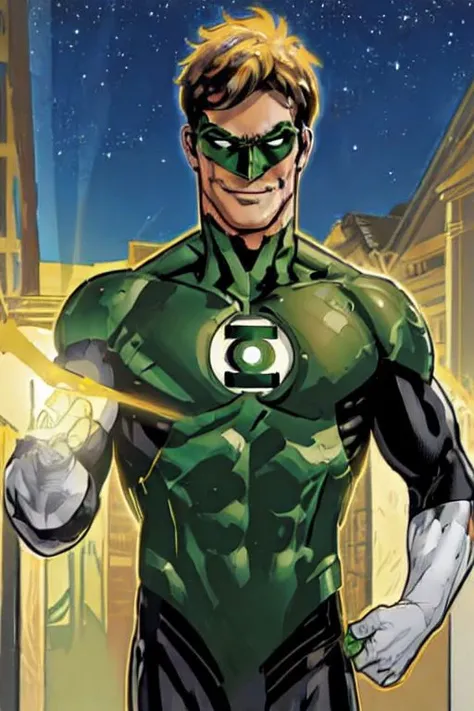 Adamhughesstyle close-up of Green Lantern HalJordan. Looking at viewer, friendly expression. 1boy, handsome, cute, nice, smiling. High quality. Masterwork.