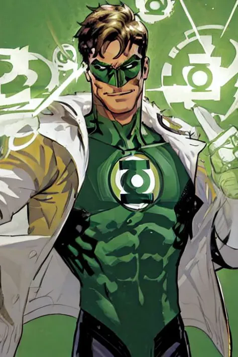 Adamhughesstyle close-up of Green Lantern HalJordan. Looking at viewer, friendly expression. 1boy, handsome, cute, nice, smiling. High quality. Masterwork.