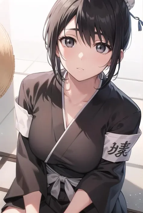 masterpiece, Highest quality, so beautiful, Absurd, Latest, One Girl, Unbuttoned kimono,No band,Small breasts,chest,Pussy,Sweat,Inn changing room, alone, shout, v eyebrows, Black Hair, View your audience, ponytail, Long Hair, sword, kimono, arms, Similarly, blush,hair ornaments, bangs, Shine