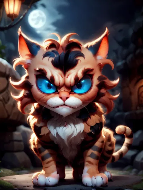 angry, striped, ginger cat, blue eyes, full-length, night<lora:WarmCats:1>