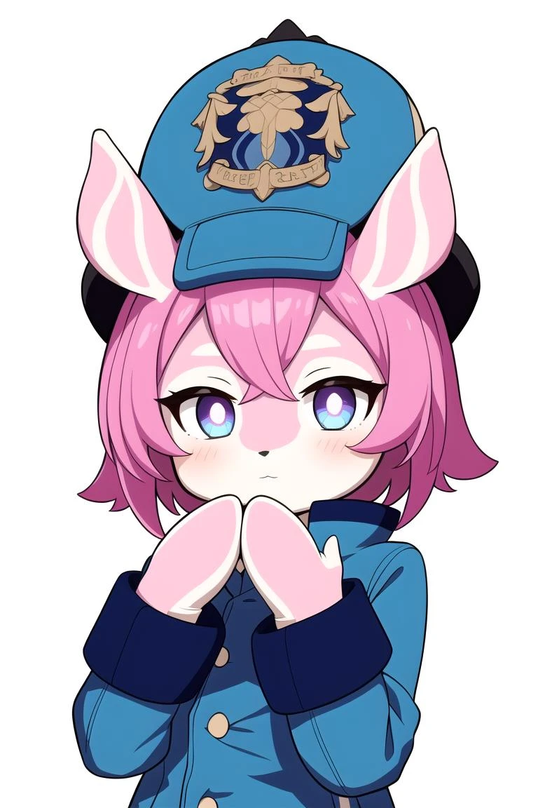 1girl, <lora:Melusines:1>, mlsn, pink fur, bob cut,pink hair, blue eyes, hat, coat, hands on own cheeks, upper body,