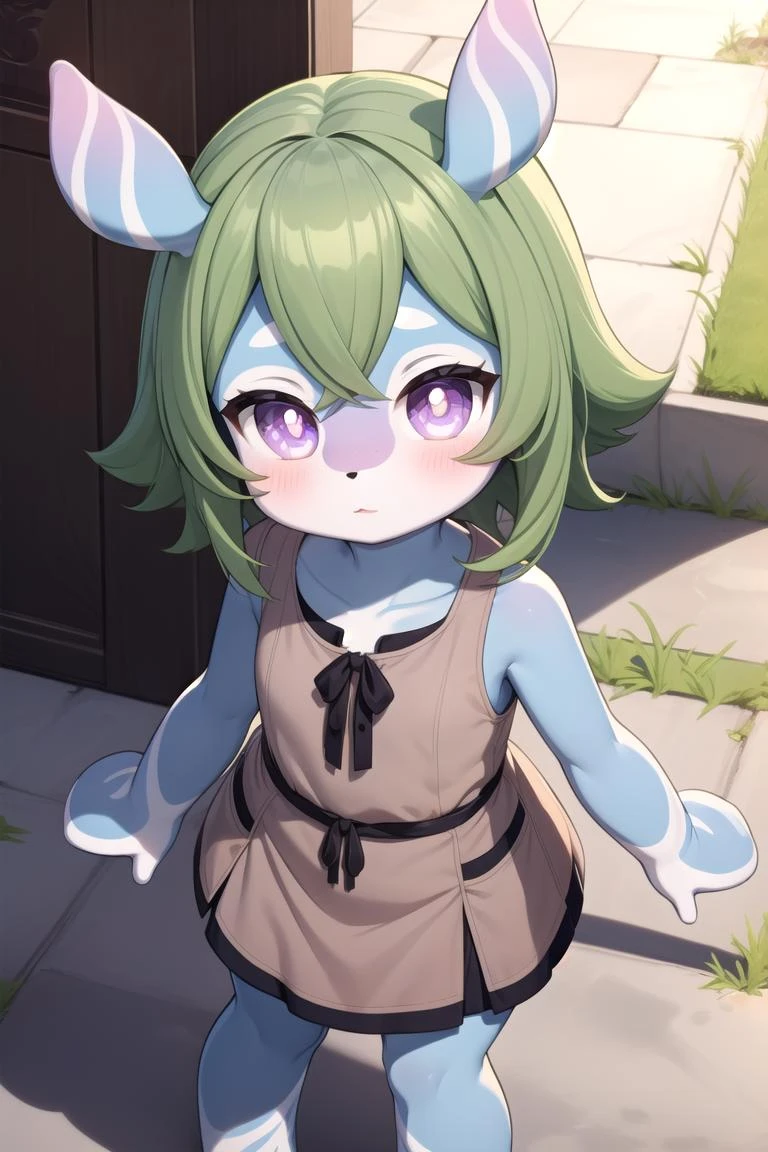 1girl, <lora:Melusines:1>, mlsn, blue fur, green hair, purple eyes, brown dress, sleeveless, standing, looking at viewer, from above, short hair,