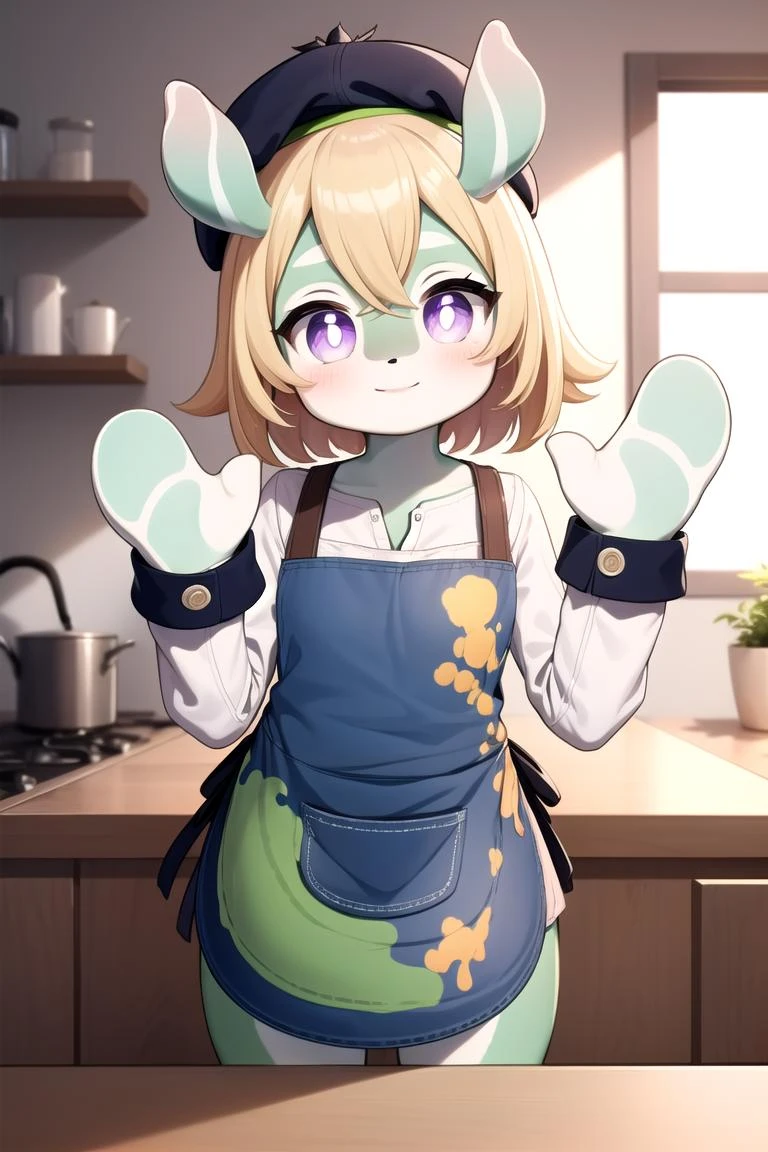 1girl, <lora:Melusines:1>, mlsn, green fur, blonde hair, purple eyes, apron, long sleeves, indoors, beret, light smile, waving, pawpads,