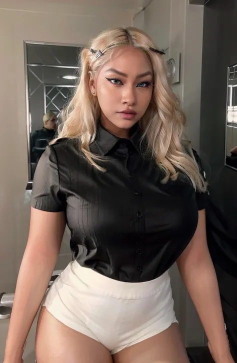 uniquesora, 1girl, waist up:1.5, blonde hair, makeup+eyeliner, thick eyebrows, eyeliner, dark-skinned female, very dark skin, facing_viewer, detailed face+black eyes:1.3, closed mouth, wearing a black collared shirt, indoors, background: elevator with buttons and mirrors, <lora:Unique-sora:1>