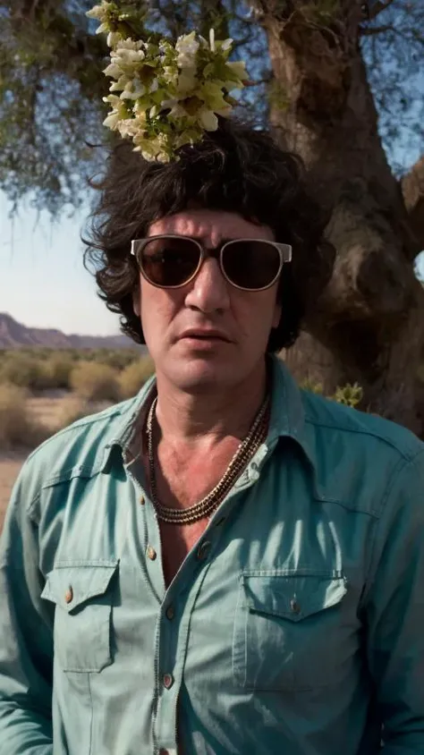 masterpiece, realistic photo, horror, a man (pity:1) surrounded by trees and flowers in the desert, grotesque man, photography, masterpiece, facing viewer, vibrant hair, statement glasses, eyes <lora:pity:1>