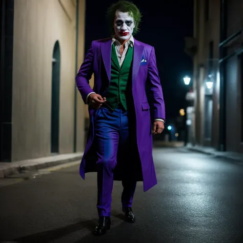 sks man (pity:1) dressed like (the joker:1) , full body, a night in the street, high detailed, hyperealistic, 8k, <lora:pity:1>