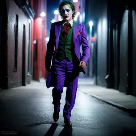 sks man (pity:1) dressed like (the joker:1) , full body, a night in the street, high detailed, hyperealistic, 8k, <lora:pity:1>