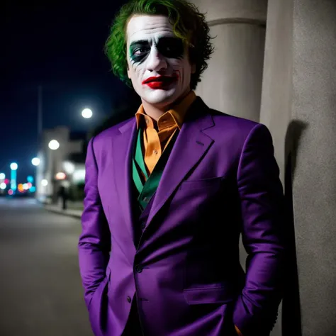 sks man (pity:1) dressed like (the joker:1) , full body, a night in the street, high detailed, hyperealistic, 8k,  <lora:pity:1>