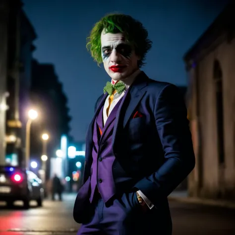 sks man (pity:1) dressed like (the joker:1) , full body, a night in the street, high detailed, hyperealistic, 8k, <lora:pity:1>