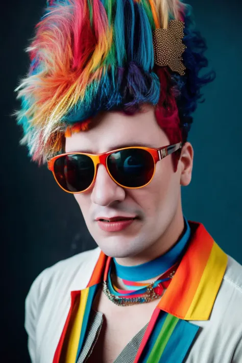 analog style, modelshoot style, portrait of sks man (pity:1) with glasses by Flora Borsi, style by Flora Borsi, bold, bright colours, rainbow Mohawk haircut, ((Flora Borsi))  <lora:pity:1>