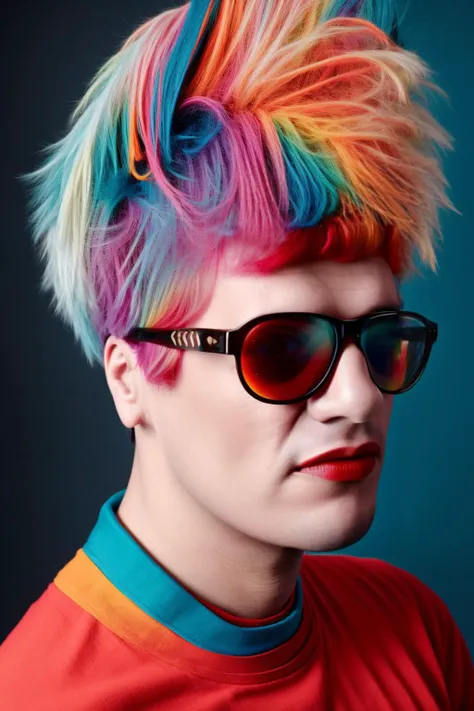 analog style, modelshoot style, portrait of sks man (pity:1) with glasses by Flora Borsi, style by Flora Borsi, bold, bright colours, rainbow Mohawk haircut, ((Flora Borsi)) <lora:pity:1>