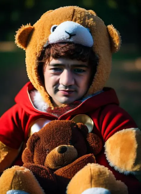 portrait of sks man (pity:1) dressed with ((detailed Teddy bear costume:1)), (outdoors:1.2), natural lighting, 4k, 8k, 8k realistic, sharp focus, intricate, high resolution, , <lyco:locon_perfecteyes_v1_from_v1_64_32:0.85> <lora:pity:1>