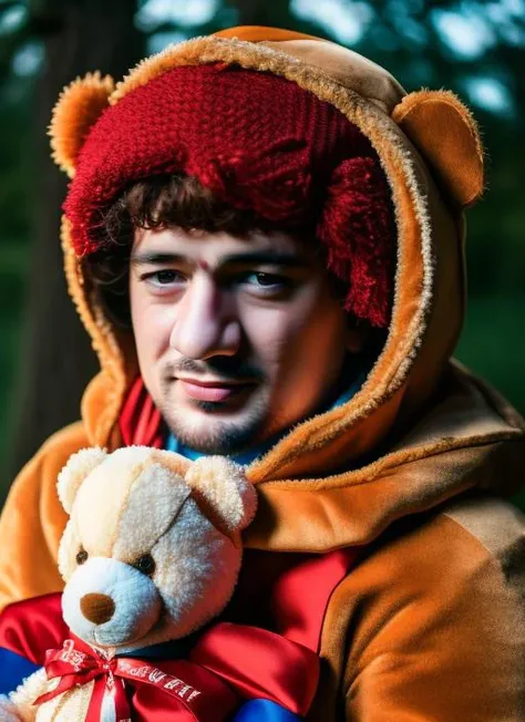 portrait of sks man (pity:1) dressed with ((detailed Teddy bear costume:1)), (outdoors:1.2), natural lighting, 4k, 8k, 8k realistic, sharp focus, intricate, high resolution, , <lyco:locon_perfecteyes_v1_from_v1_64_32:0.85> <lora:pity:1>