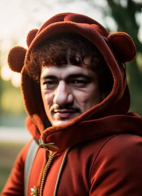 portrait of sks man (pity:1) dressed with ((detailed Teddy bear costume:1)), (outdoors:1.2), natural lighting, 4k, 8k, 8k realistic, sharp focus, intricate, high resolution, , <lyco:locon_perfecteyes_v1_from_v1_64_32:0.85> <lora:pity:1>