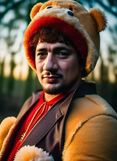 portrait of sks man (pity:1) dressed with ((detailed Teddy bear costume:1)), (outdoors:1.2), natural lighting, 4k, 8k, 8k realistic, sharp focus, intricate, high resolution, , <lyco:locon_perfecteyes_v1_from_v1_64_32:0.85> <lora:pity:1>