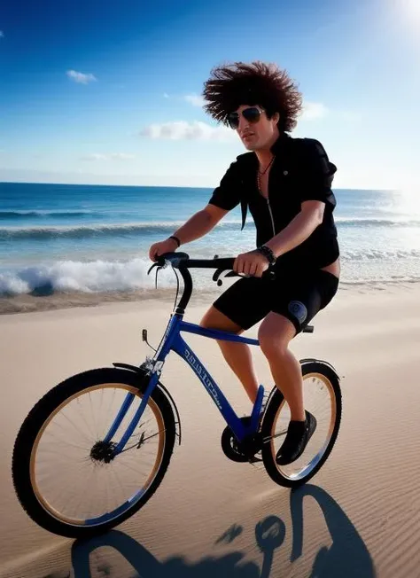 masterpiece, best quality, portrait photo of (Pity:1) dressed like a rock star riding a beach bycicle, 4k, 8k, 8k realistic, sharp focus, intricate, high resolution <lora:pity:1>
