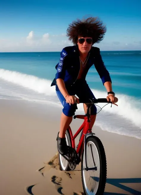 masterpiece, best quality, portrait photo of (Pity:1) dressed like a rock star riding a beach bycicle, 4k, 8k, 8k realistic, sharp focus, intricate, high resolution <lora:pity:1>