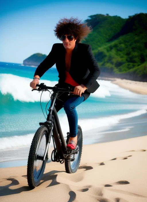 masterpiece, best quality, portrait photo of (Pity:1) dressed like a rock star riding a beach bycicle, 4k, 8k, 8k realistic, sharp focus, intricate, high resolution <lora:pity:1>