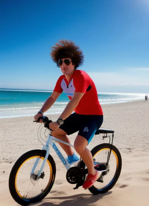 masterpiece, best quality, portrait photo of (Pity:1) dressed like a rock star riding a beach bycicle, 4k, 8k, 8k realistic, sharp focus, intricate, high resolution <lora:pity:1>