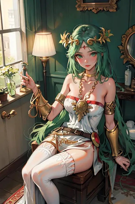 (masterpiece, best quality), <lora:GAME_palutena_aiwaifu-10:1>,
palutena_aiwaifu ,aiwaifu ,green hair ,long hair ,palutena mature_female,jewelry ,very long hair ,dress ,bare shoulders ,tiara ,green eyes ,necklace ,strapless ,strapless dress ,white dress ,armlet ,large breasts, wide hips, toned, curvy,neck ring ,laurel crown ,thighhighs ,parted bangs ,vambraces ,bangs ,side slit ,gold ,forehead jewel ,pendant ,white thighhighs ,belt ,cleavage ,collarbone ,bracelet ,bracer ,long dress ,circlet ,gem ,lips,, indoors,absurdres,highres,framed image,arm support,basin,bath,bathing,bathroom,bathtub,cable,cat,curtains,door,electric plug,fleeing,flower,hair dryer,lamp,looking at viewer,mirror,picture frame,rug,sink,sitting,soap bottle,surprised,themed object,tile wall,tiles,towel,water,