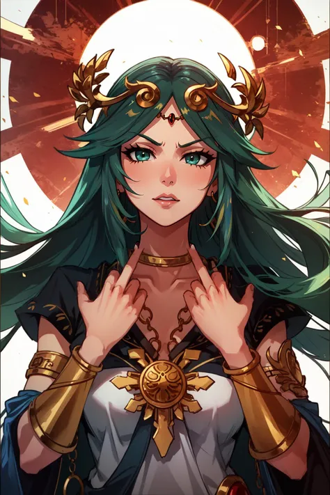 (masterpiece, best quality), intricate details,
1girl, <lora:GAME_palutena_aiwaifu-10:0.8> palutena_aiwaifu,aiwaifu,green hair,long hair,palutena mature_female,jewelry,very long hair,tiara,green eyes,necklace,armlet,large breasts, wide hips, toned, curvy,neck ring,laurel crown,thighhighs,parted bangs,,bangs,gold,forehead jewel,pendant,
angry, glaring, middle finger, punk,