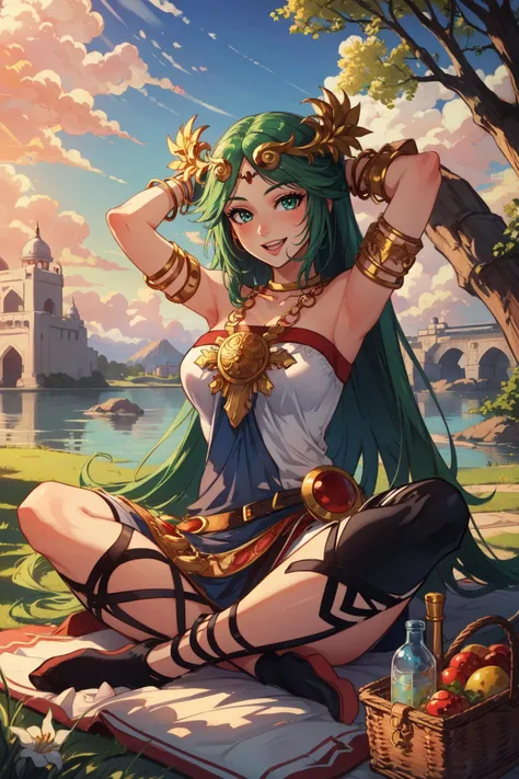 (masterpiece, best quality), intricate details,
1girl, <lora:GAME_palutena_aiwaifu-10:0.8> palutena_aiwaifu,aiwaifu,green hair,long hair,palutena mature_female,jewelry,very long hair,tiara,green eyes,necklace,armlet,large breasts, wide hips, toned, curvy,neck ring,laurel crown,thighhighs,parted bangs,,bangs,gold,forehead jewel,pendant,
sitting, indian style, laughing, picnic basket, picnic, outdoors, happy,