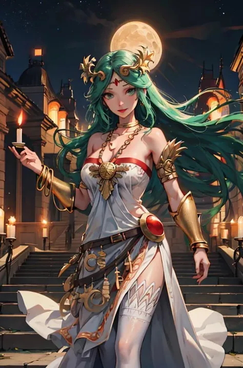 (masterpiece, best quality), <lora:GAME_palutena_aiwaifu-10:1>,
palutena_aiwaifu ,aiwaifu ,green hair ,long hair ,palutena mature_female,jewelry ,very long hair ,dress ,bare shoulders ,tiara ,green eyes ,necklace ,strapless ,strapless dress ,white dress ,armlet ,large breasts, wide hips, toned, curvy,neck ring ,laurel crown ,thighhighs ,parted bangs ,vambraces ,bangs ,side slit ,gold ,forehead jewel ,pendant ,white thighhighs ,belt ,cleavage ,collarbone ,bracelet ,bracer ,long dress ,circlet ,gem ,lips,, outdoors, night,aurora,starry sky,water,ancient greek bathhouse,stairs,greek_mythology,sculpture,candle_wax,candlelight,[fire|candle],[moonlight|sidelighting],