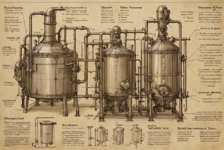 futscribe brewing process technical sketch, (Text at the top of the page "Brewing Process":1), <lora:futscribe:1>