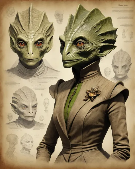 on old paper, madame vastra from doctor who, silurian, techonological race, technical sketch, High detailed, 8k, highres, <lora:futscribe:1>