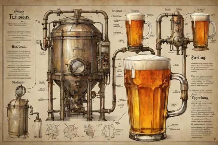 futscribe brewing process technical sketch, (Text at the top of the page "Brewing Process":1), <lora:futscribe:1>