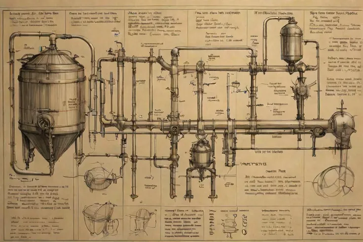 futscribe brewing process technical sketch, (Text at the top of the page "Brewing Process":1), <lora:futscribe:1>