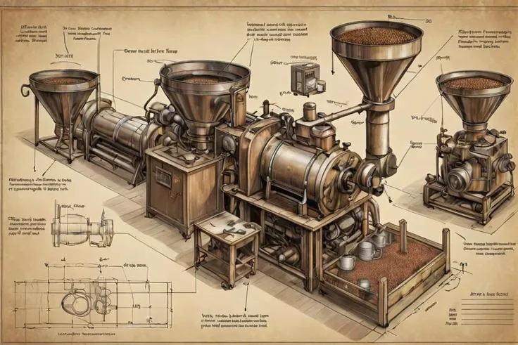 coffee roasting process, <lora:futscribe:0.8> futscribe, ftsc, technical sketch