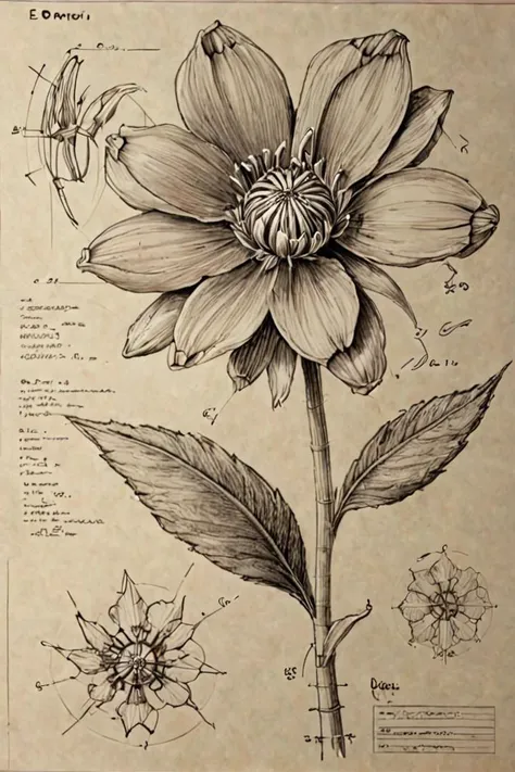 Technical drawing of a flower, <lora:futscribe:0.8> futscribe, ftsc, technical sketch