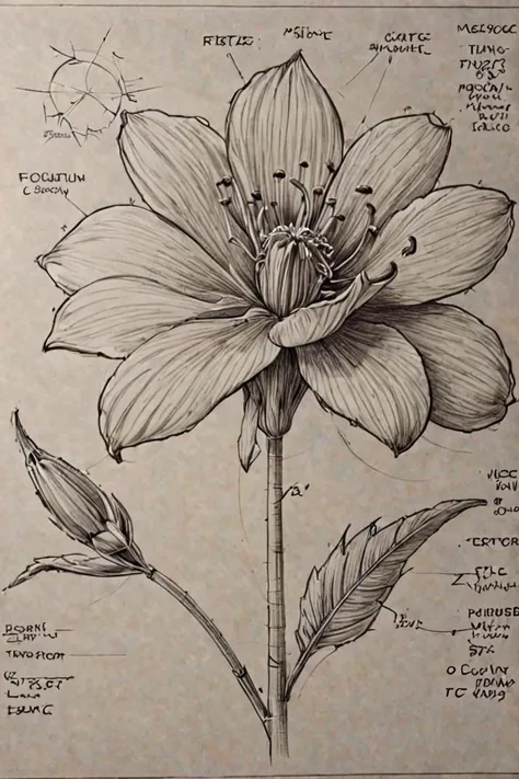 Technical drawing of a flower, <lora:futscribe:0.8> futscribe, ftsc, technical sketch