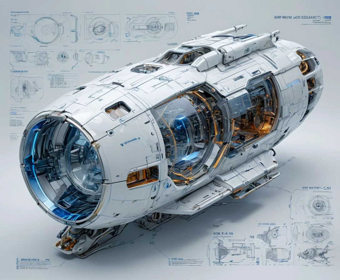 (sketches:0.6), Realistic 3D blueprint, ( Futuristic 3D infographic:1.4), of futuristic sci-fi huge spacecraft, oval glass front, blue neon trim lights, (knolling:1.4), warp engines, (formulas and annotations, schematic by parts:1.3),autocad, revit, 3D sections and plans (white background:1.2), (gold trim:0.02), fake detail, trending artstaion, xk3mt1ks, futscribe, ftsc, technical sketch