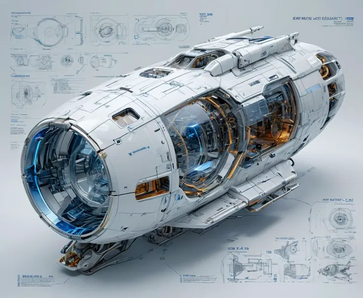 (sketches:0.6), Realistic 3D blueprint, ( Futuristic 3D infographic:1.4), of futuristic sci-fi huge spacecraft, oval glass front, blue neon trim lights, (knolling:1.4), warp engines, (formulas and annotations, schematic by parts:1.3),autocad, revit, 3D sections and plans (white background:1.2), (gold trim:0.02), fake detail, trending artstaion, xk3mt1ks, futscribe, ftsc, technical sketch