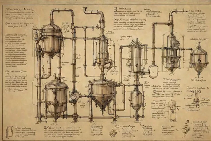 futscribe brewing process technical sketch, (Text at the top of the page "Brewing Process":1), <lora:futscribe:1>