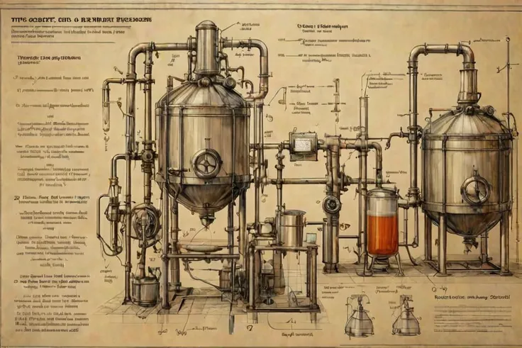 futscribe brewing process technical sketch, (Text at the top of the page "Brewing Process":1), <lora:futscribe:1>