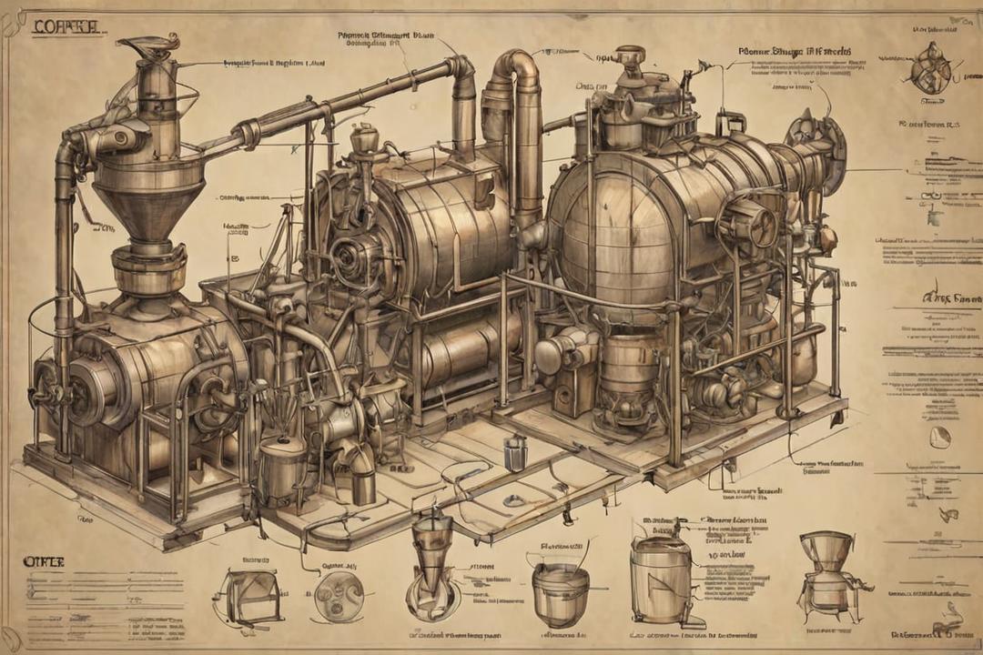 A drawing of a steam engine with a lot of pipes and pipes - SeaArt AI