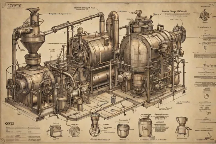 coffee roasting process, <lora:futscribe:0.8> futscribe, ftsc, technical sketch