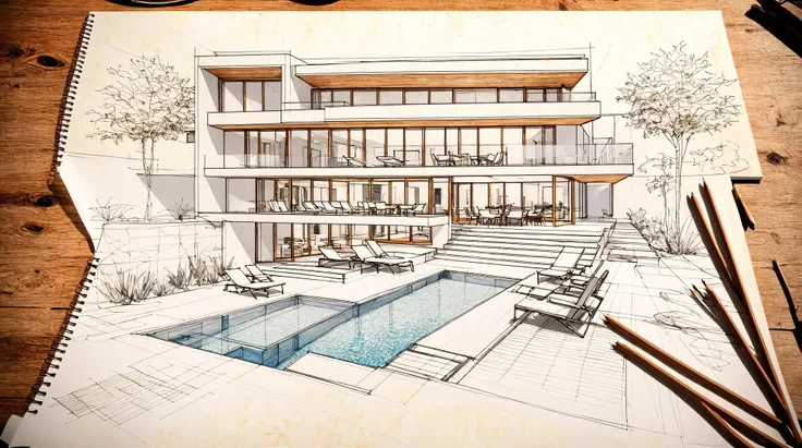 architecture sketch of the patio of a modern house design, architect sketch, balcony, glasses <lora:architect_XL:0.61>, (swimming pool:0.2), futscribe futuristic house technical sketch<lora:futscribe:0.51>